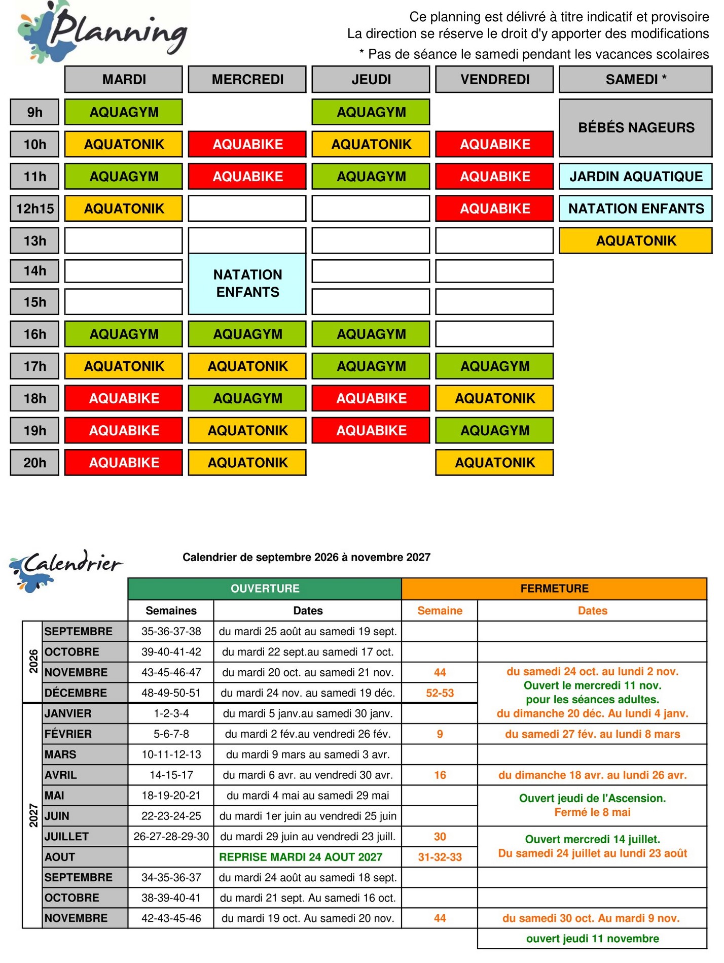 Planning et calendrier 26 27